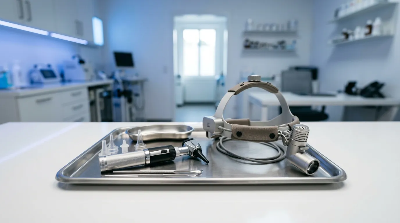 Equipamento de otorrinolaringologia — otoscópio e instrumentos num consultório moderno